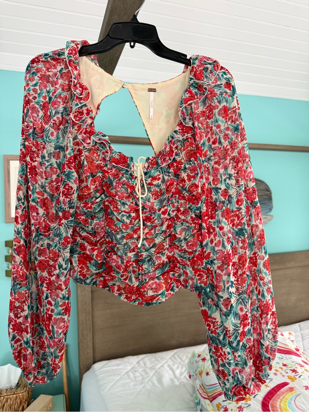 Free People Floral Ruffle Tie-Front Cropped Blouse - Red & Teal Floral